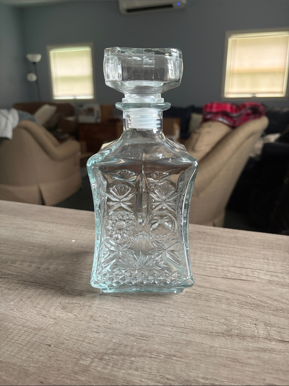 Pressed Glass Decanter with Floral Cut Pattern - Clear